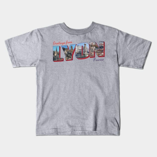 Greetings from Lyon in France Vintage style retro souvenir Kids T-Shirt by DesignerPropo